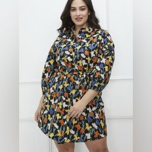 Eloquii Cotton Floral Long Sleeve Shirt Dress Belt Size 16 Plus Size Fall